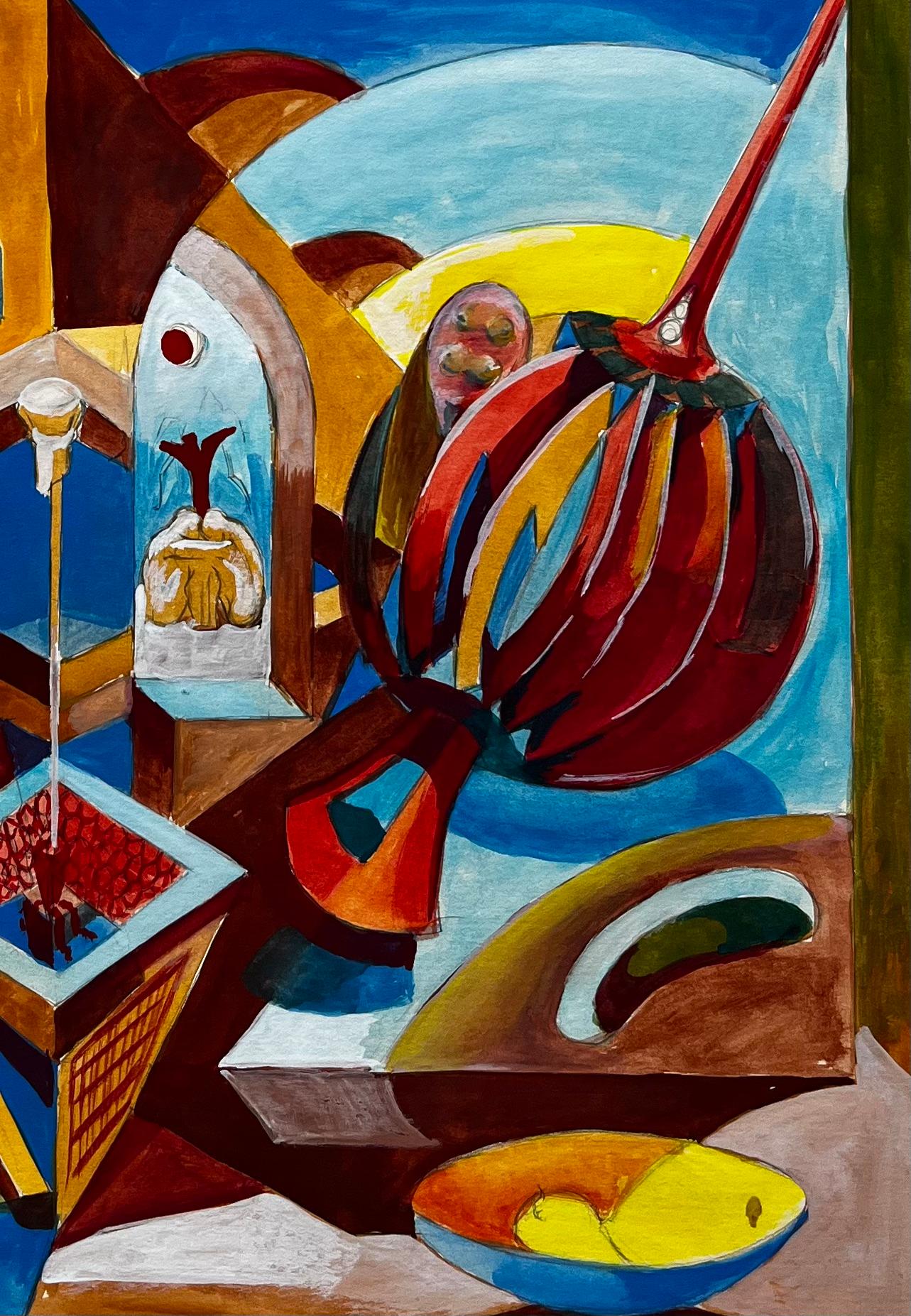 Titre : Nature morte française à la gouache cubiste avec vase à fruits, bol et formes géométriques
Guy Nicod (français 1923 - 2021) 
Gouache sur papier d'artiste, non encadrée
Taille : 26.25 x 19.25 pouces (hauteur x largeur)
Provenance : Succession
