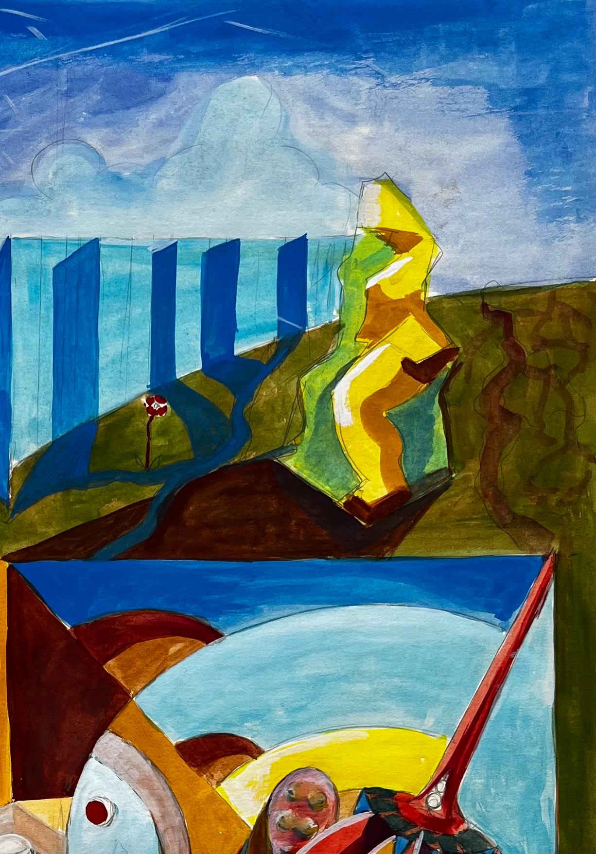 Nature morte cubiste à la gouache avec vase à fruits, bol et formes géométriques - Noir Abstract Drawing par Guy Nicod