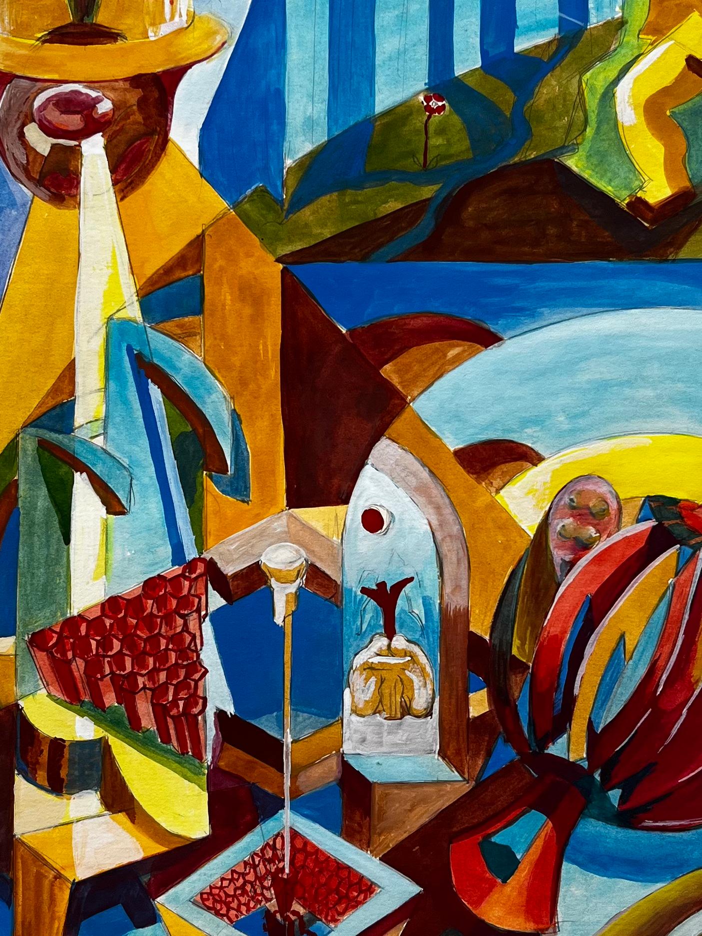 Nature morte cubiste à la gouache avec vase à fruits, bol et formes géométriques en vente 2
