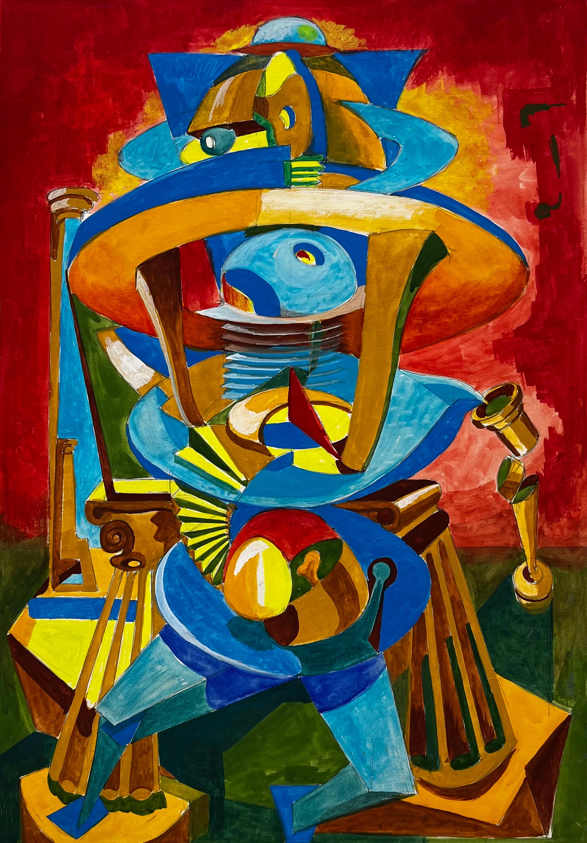 Figura astratta cubista a guazzo francese con forme geometriche rosse e blu