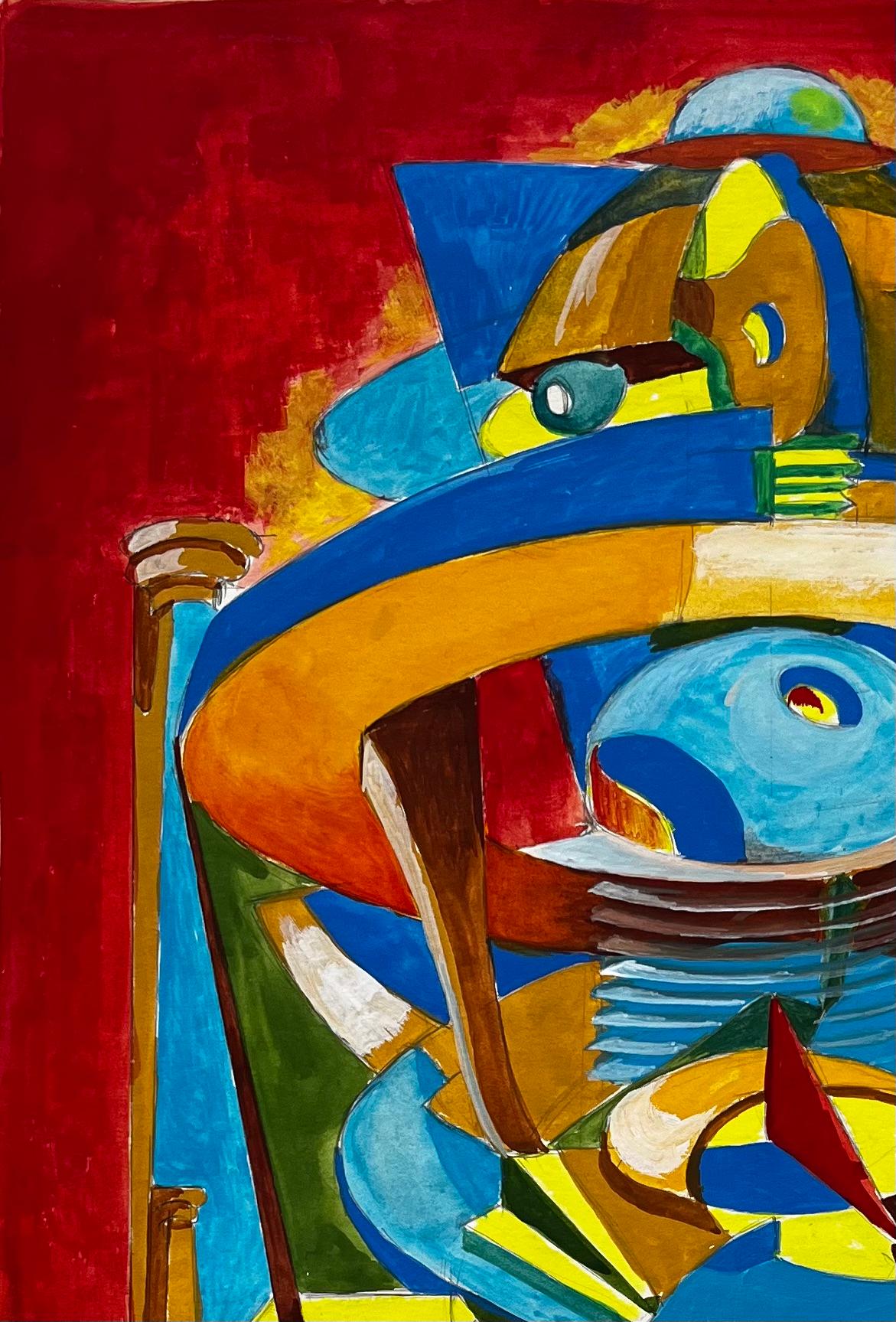 Cubist Gouache French Abstract Figure With Geometric Shapes Red And Blue - Modern Art by Guy Nicod