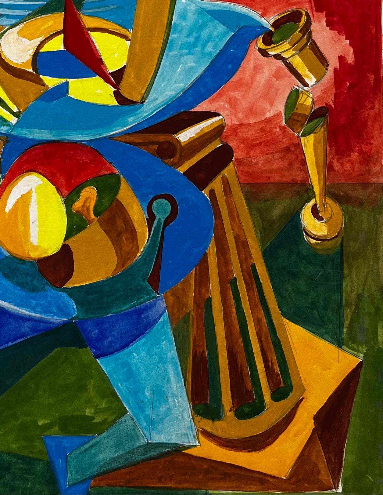 Title: Cubist French Abstract Figure With Geometric Shapes Red And Blue
Guy Nicod (French 1923 - 2021) 
Gouache on artist paper, unframed
Size: 26.25 x 19.25 inches (height x width)
Provenance: Artists estate, France
Condition: good; light age