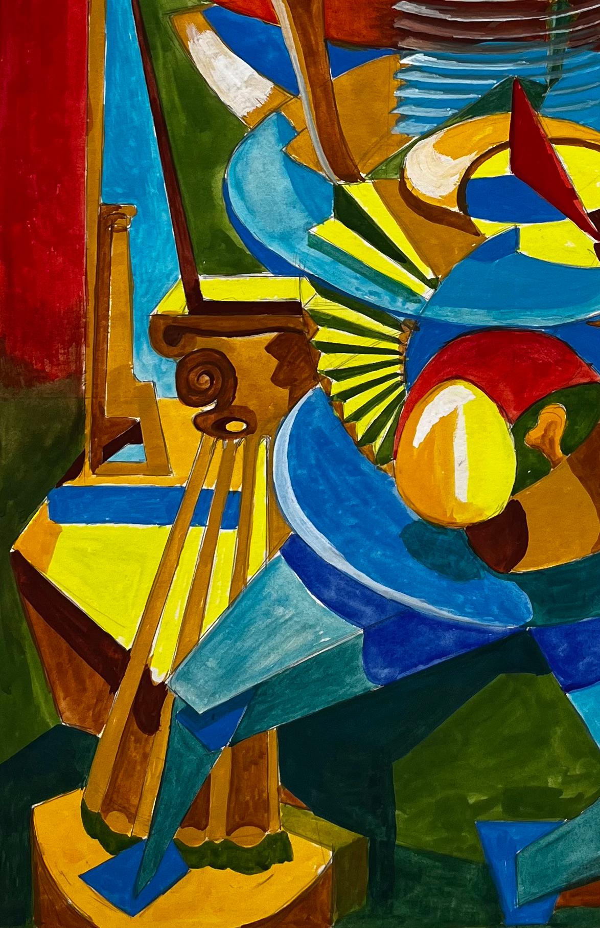 Cubist Gouache French Abstract Figure With Geometric Shapes Red And Blue For Sale 1