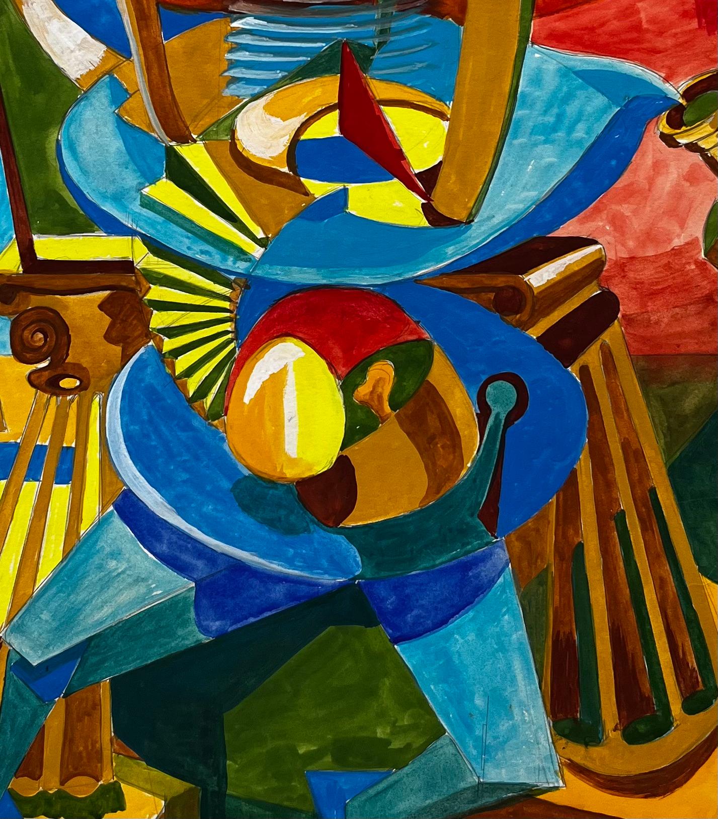 Cubist Gouache French Abstract Figure With Geometric Shapes Red And Blue For Sale 2