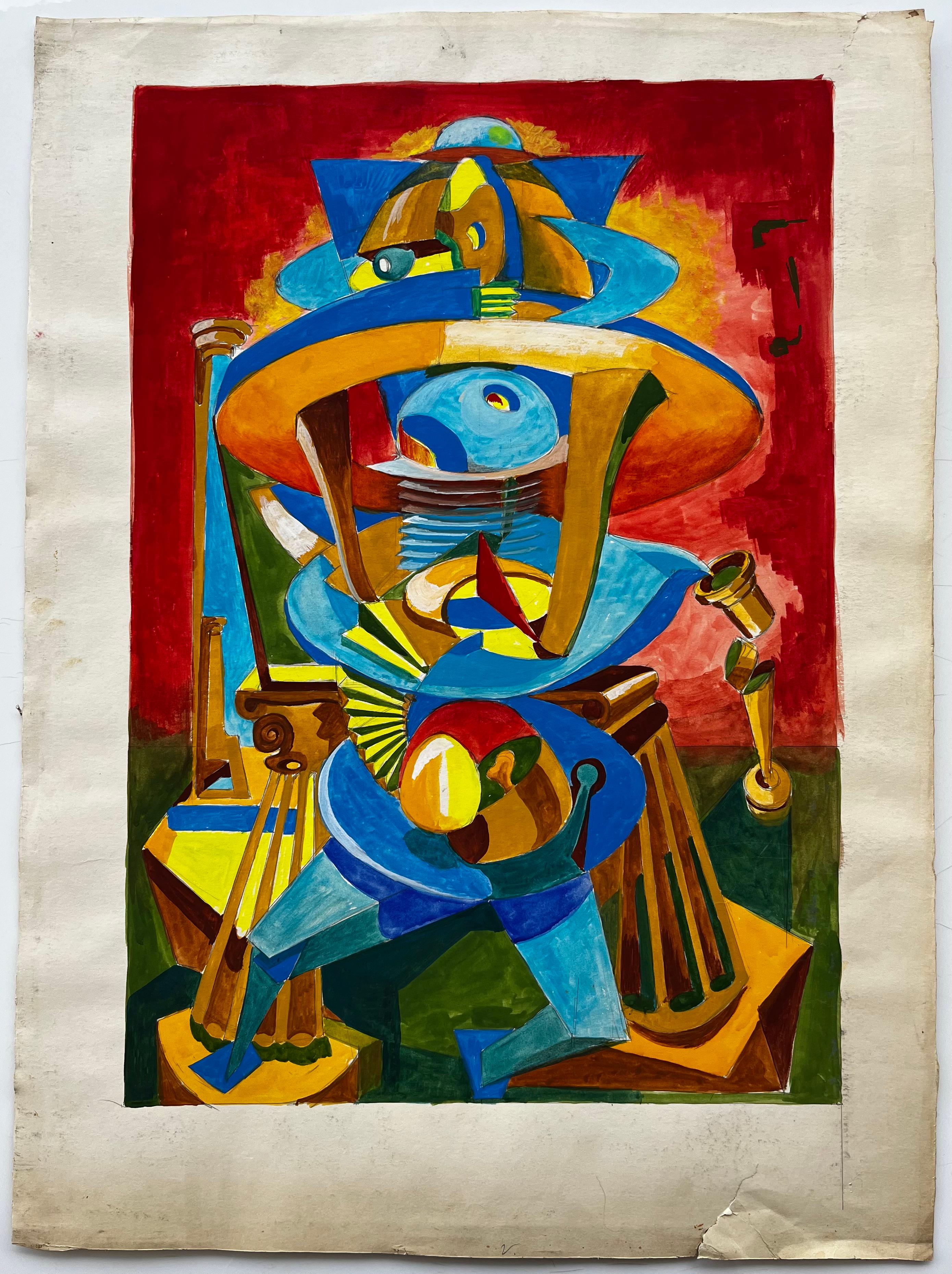 Cubist Gouache French Abstract Figure With Geometric Shapes Red And Blue - Art by Guy Nicod