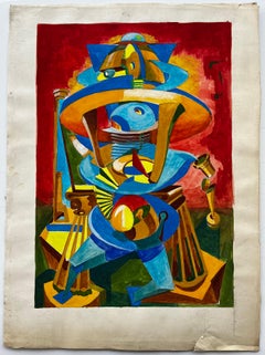 Cubist Gouache French Abstract Figure With Geometric Shapes Red And Blue