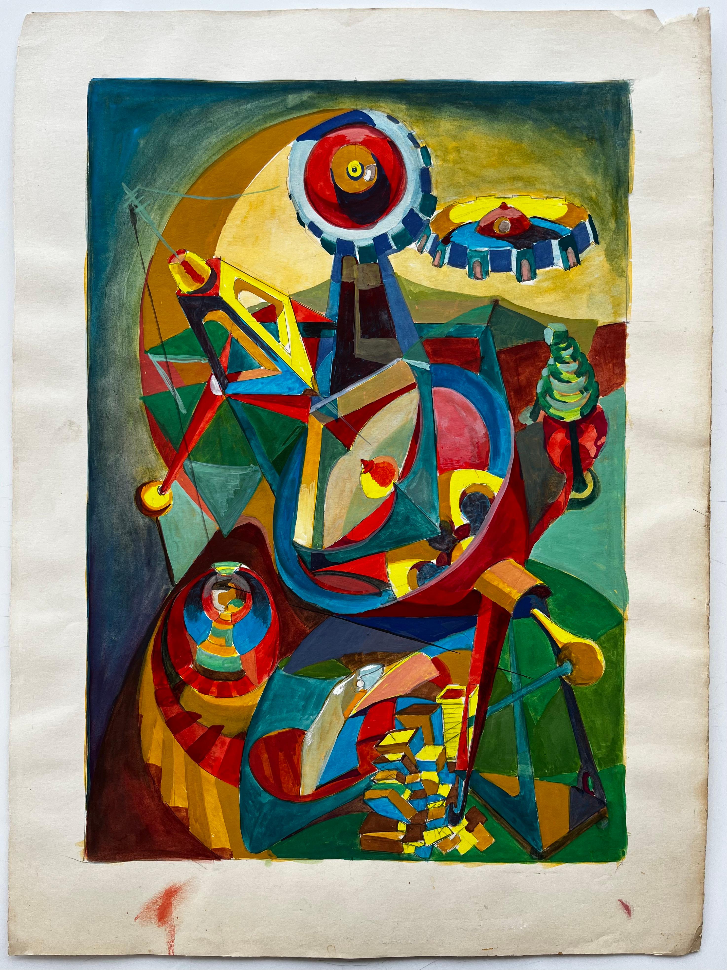 Composizione astratta cubista francese con forme geometriche, cerchi e colori - Art di Guy Nicod