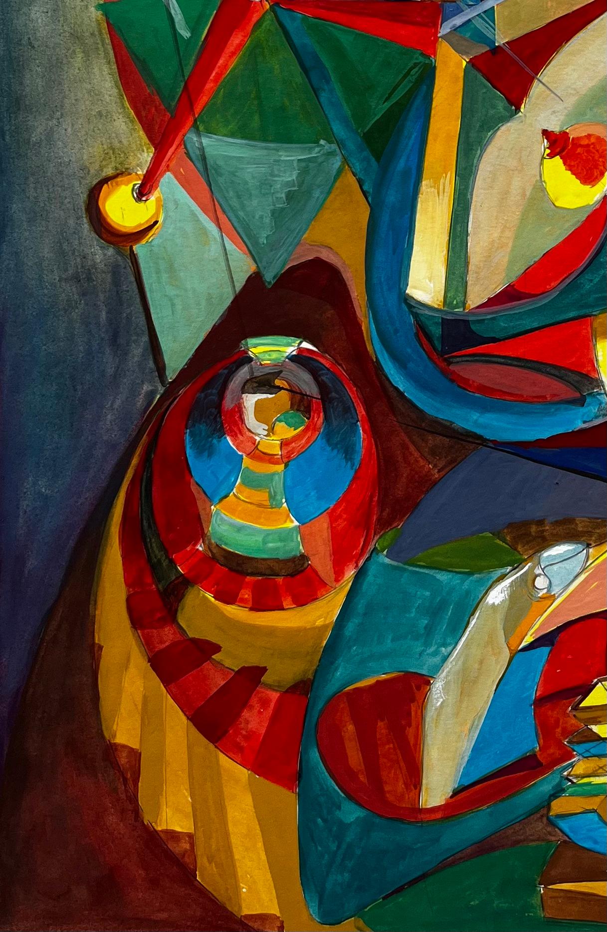 Titolo: Composizione astratta cubista francese con forme geometriche, cerchi e colori
Guy Nicod (francese, 1923 - 2021) 
Guazzo su carta d'artista, senza cornice
Dimensioni: 26,25 x 19,25 pollici (altezza x larghezza)
Provenienza: Proprietà di