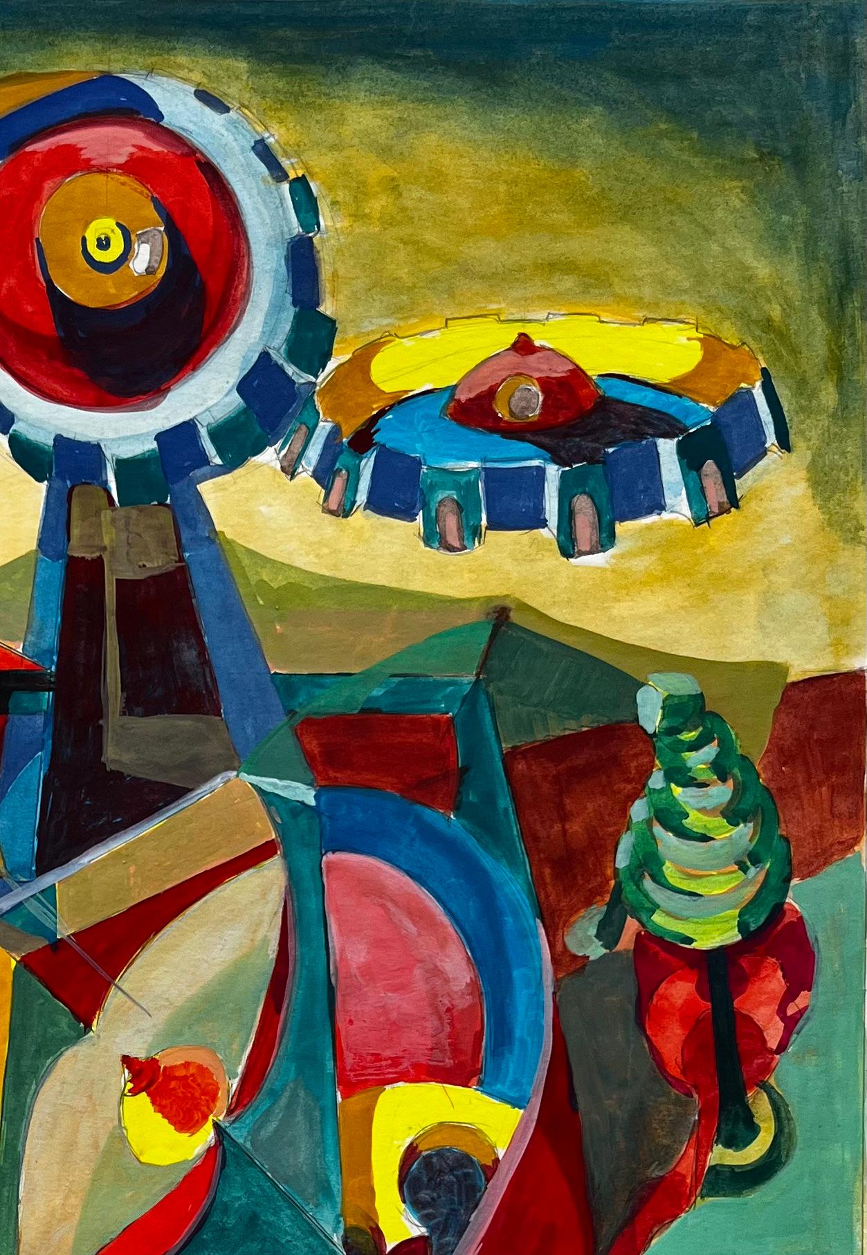Composizione astratta cubista francese con forme geometriche, cerchi e colori - Abstract Drawing Nero di Guy Nicod