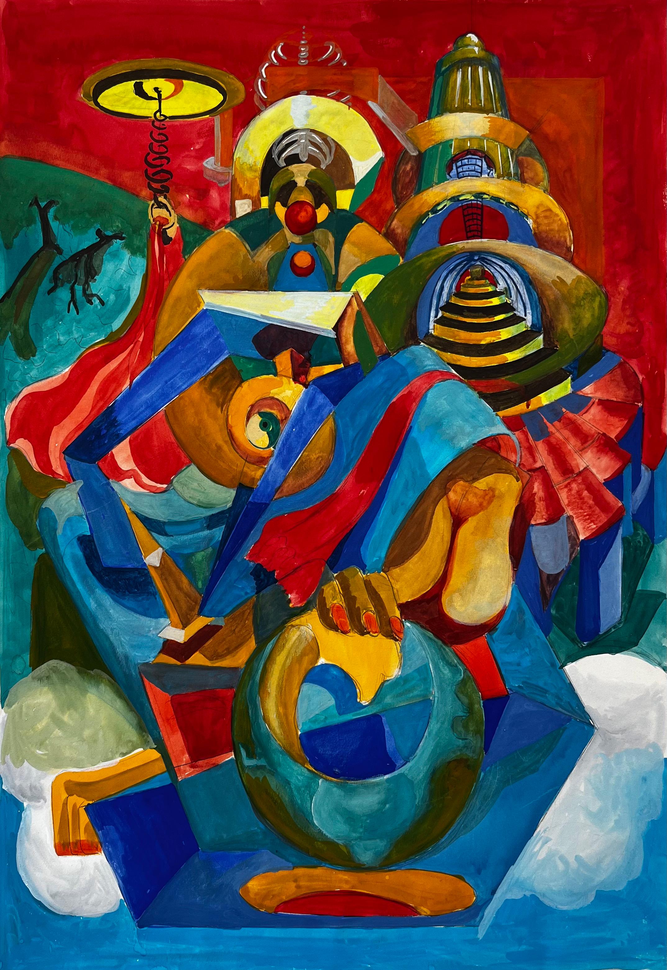 Composizione astratta cubista francese con figure architettura e sfondo rosso