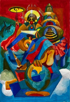 Cubist French Abstract Composition With Figures Architecture And Red Background