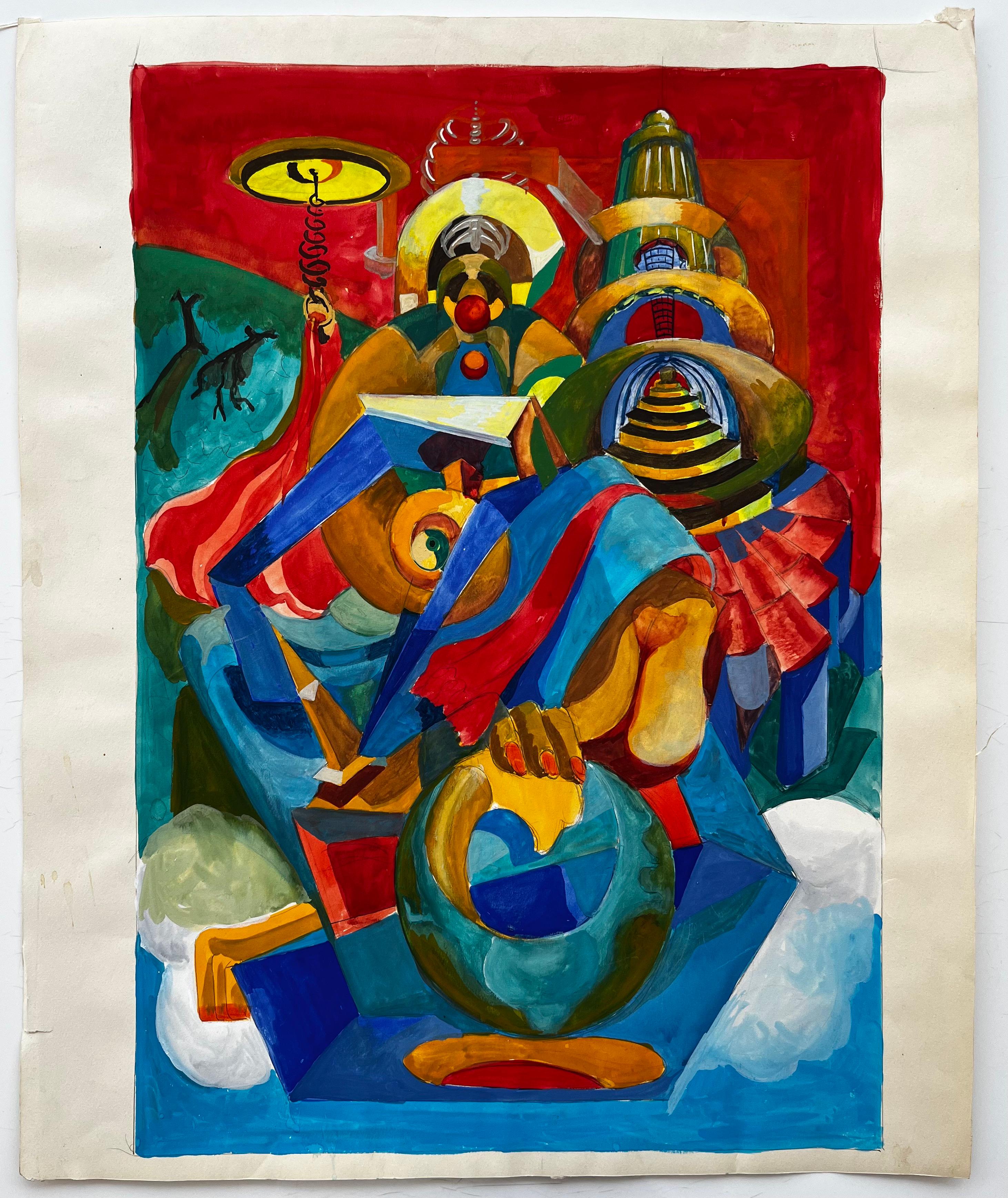 Cubist French Abstract Composition With Figures Architecture And Red Background - Art by Guy Nicod