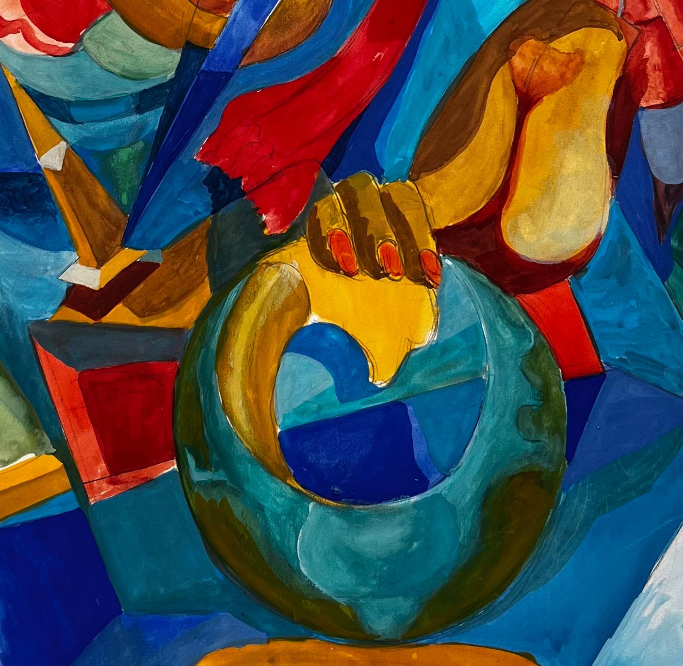 Cubist French Abstract Composition With Figures Architecture And Red Background For Sale 2