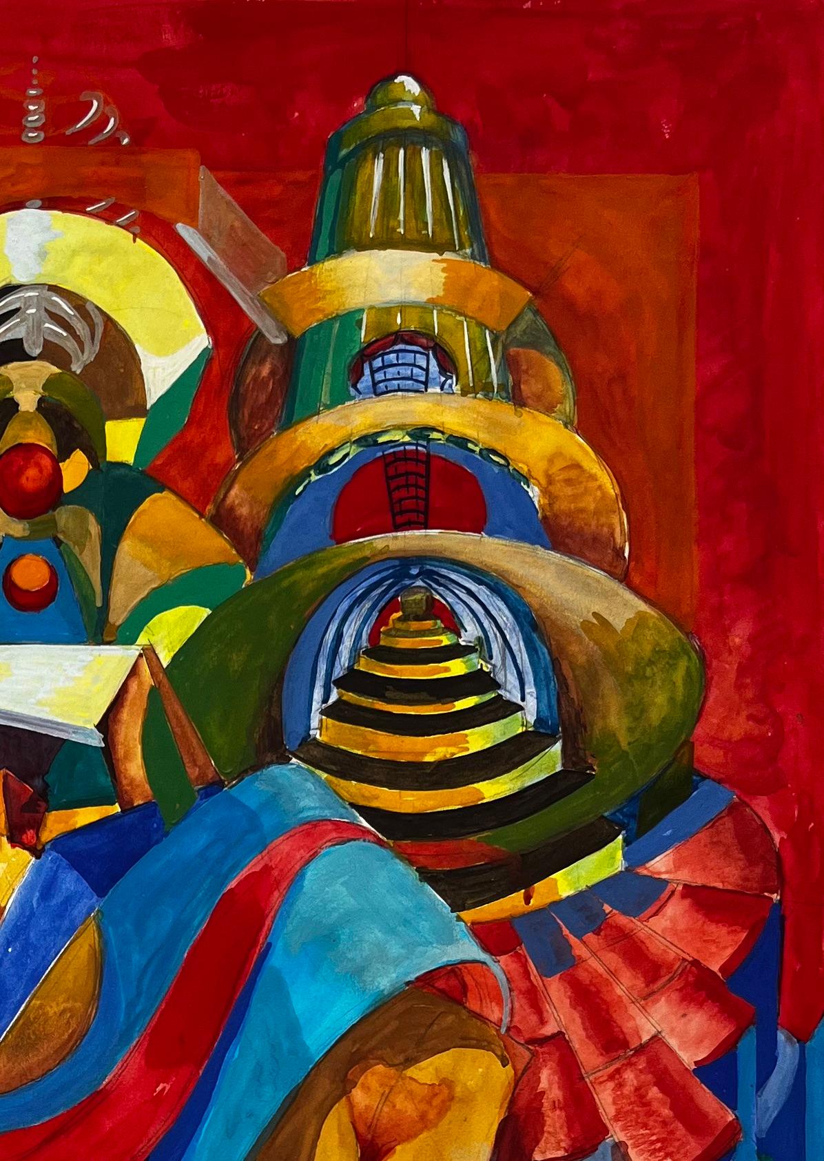 Cubist French Abstract Composition With Figures Architecture And Red Background - Modern Art by Guy Nicod