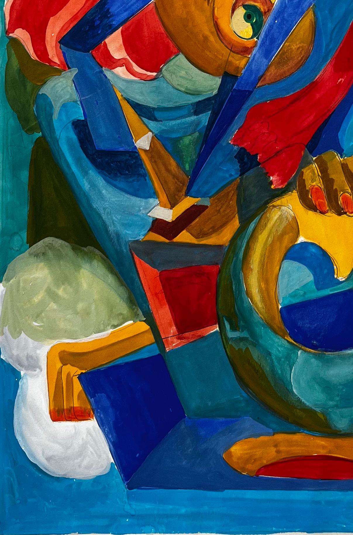 Cubist French Abstract Composition With Figures Architecture And Red Background For Sale 1