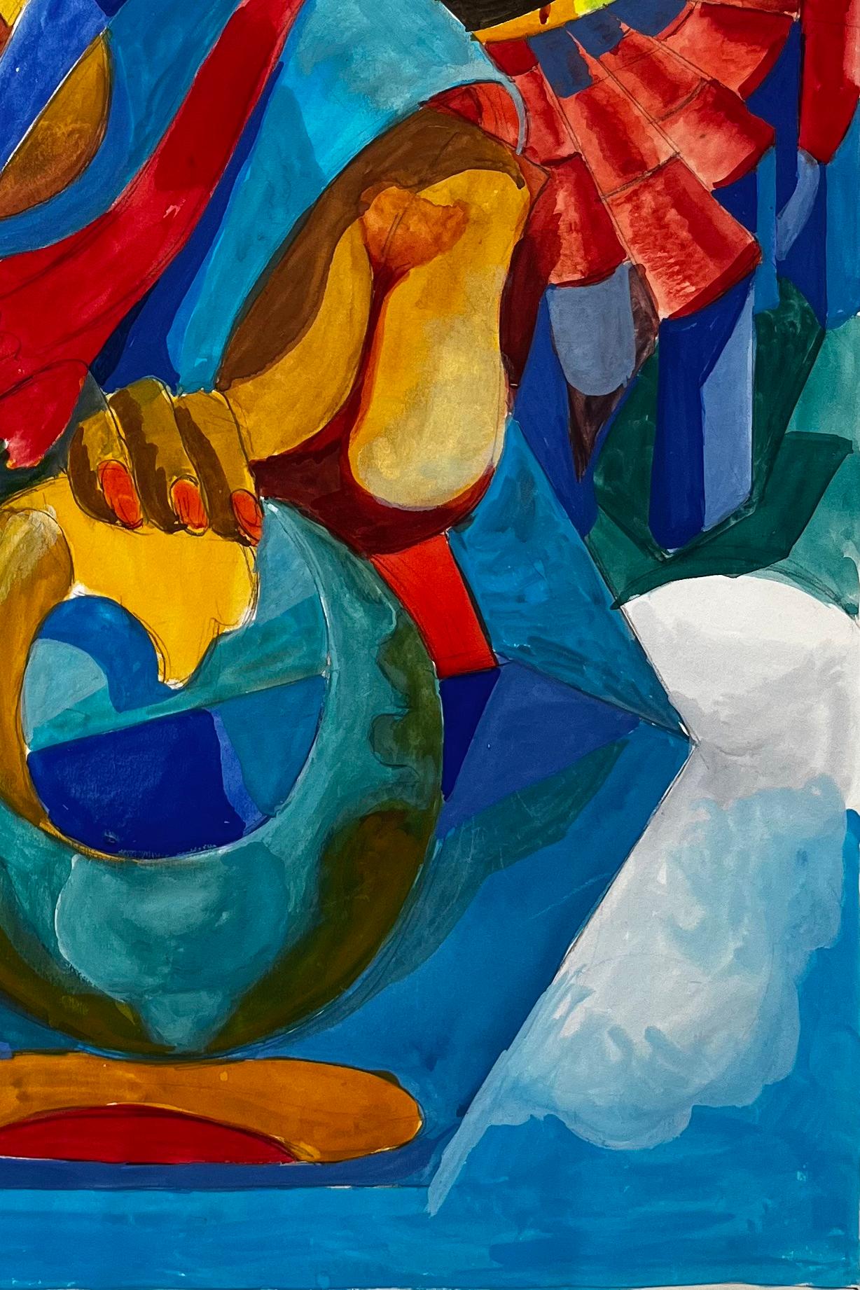 Title: Cubist French Abstract Composition With Figures Architecture And Red Background
Guy Nicod (French 1923 - 2021) 
Gouache on artist paper, unframed
Size: 23 x 19 inches (height x width)
Provenance: Artists estate, France
Condition: good overall