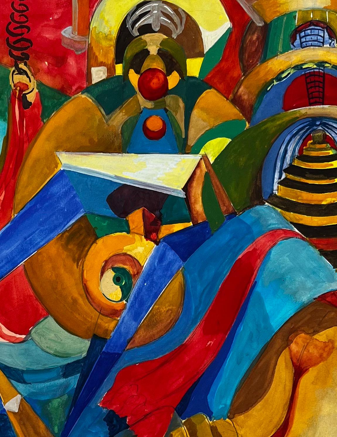 Cubist French Abstract Composition With Figures Architecture And Red Background For Sale 3