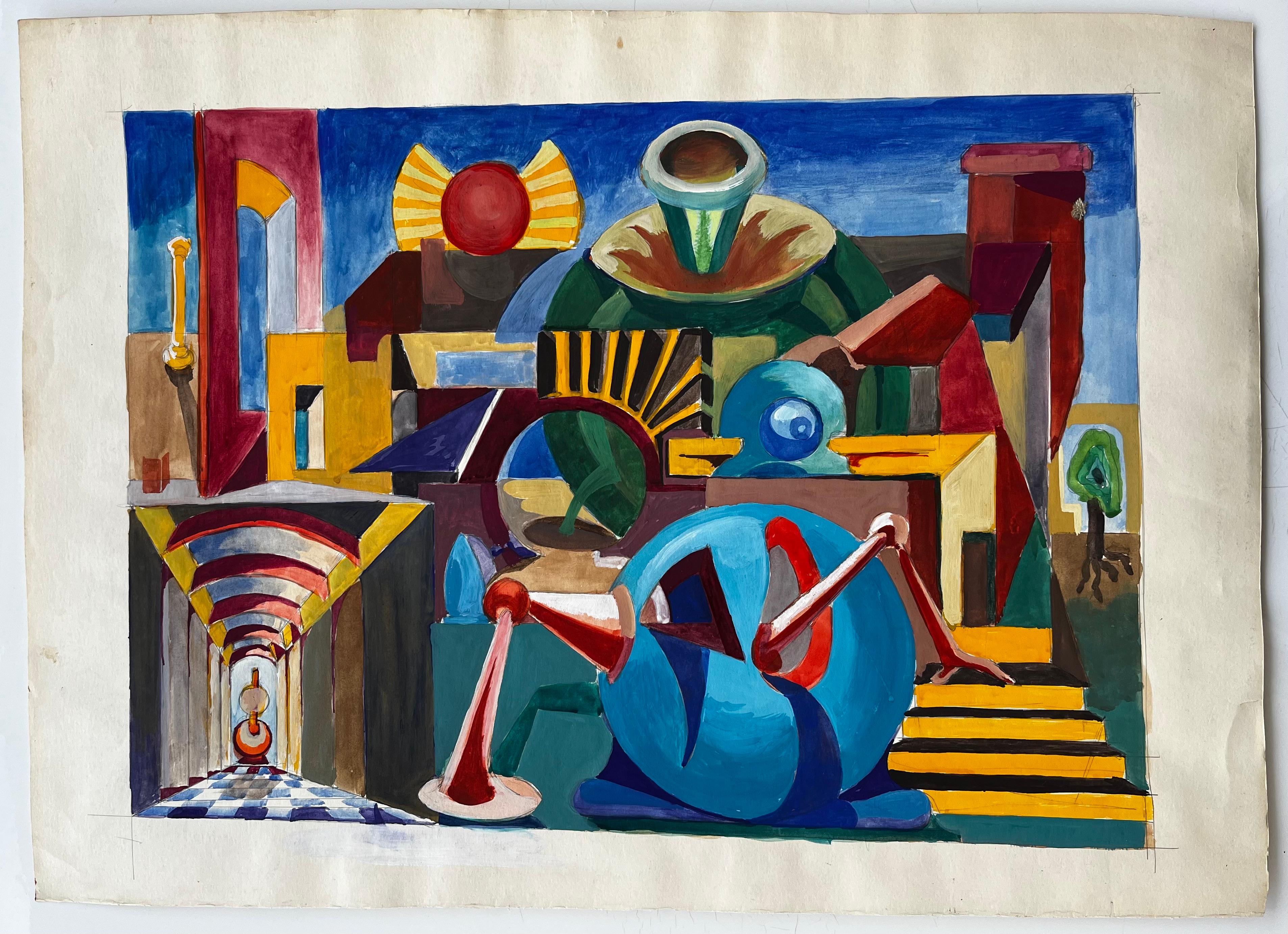 Composizione astratta cubista francese con forme geometriche e sfera blu - Art di Guy Nicod