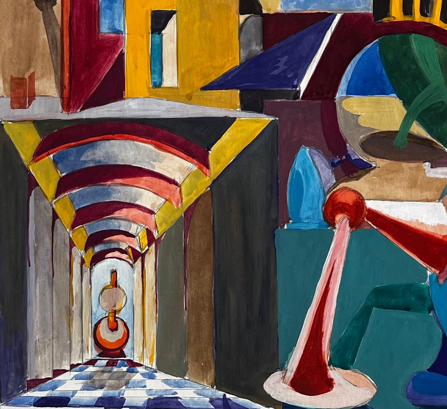 Composizione astratta cubista francese con forme geometriche e sfera blu - Landscape Art Nero di Guy Nicod