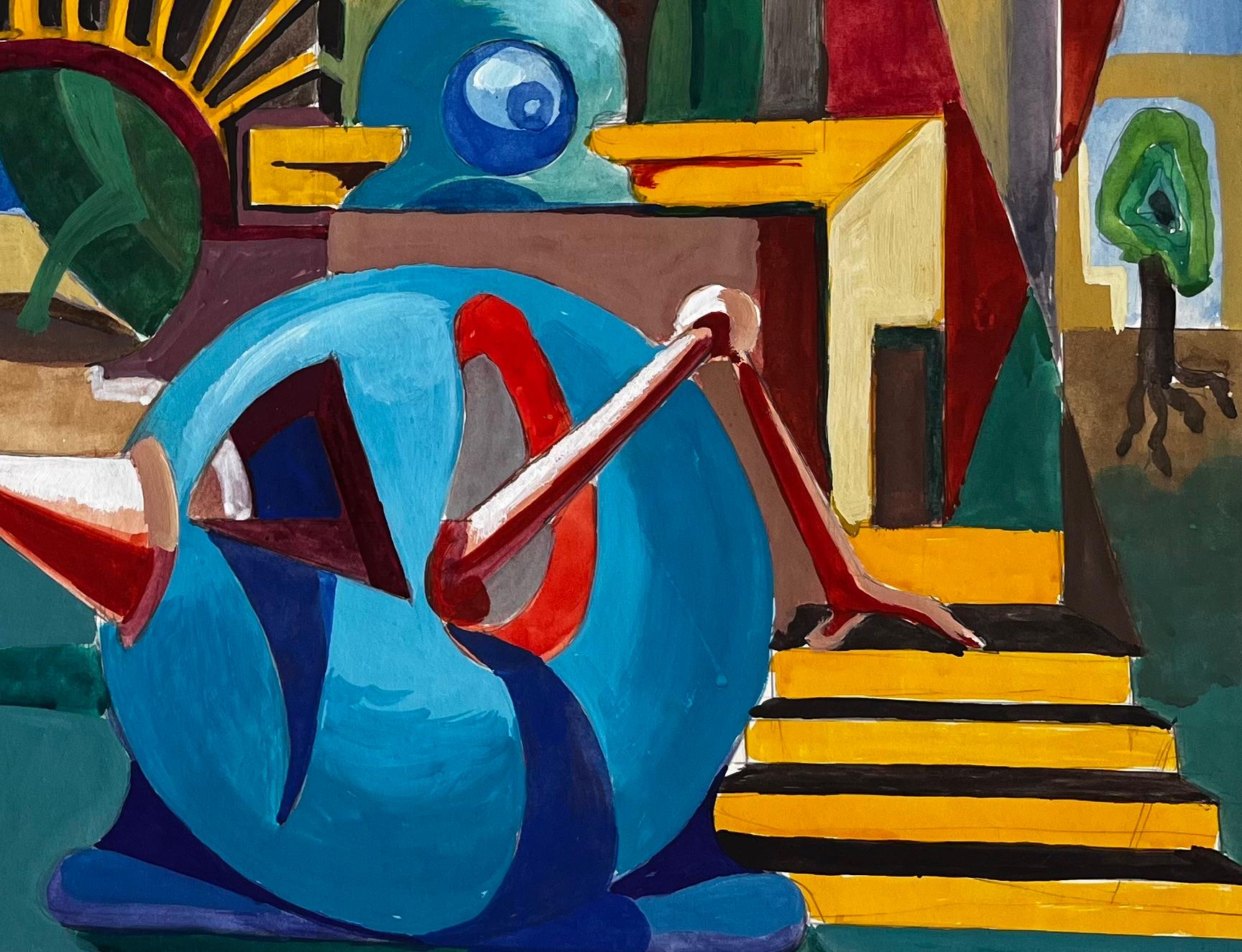 Titolo: Composizione astratta cubista francese con forme geometriche e sfera blu
Guy Nicod (francese, 1923 - 2021) 
Guazzo su carta d'artista, senza cornice
Dimensioni: 18,75 x 26,25 pollici (altezza x larghezza)
Provenienza: Proprietà di Artistics,