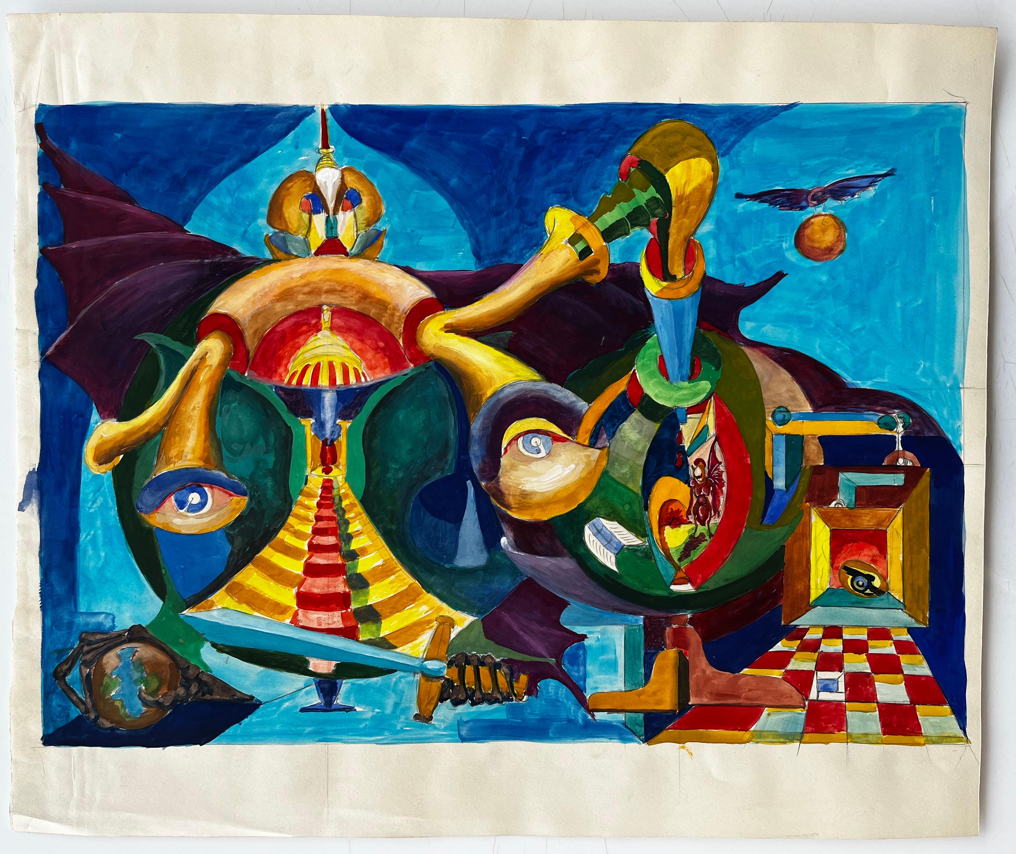 Composizione astratta cubista francese surreale con figure di occhi e forme geometriche - Art di Guy Nicod