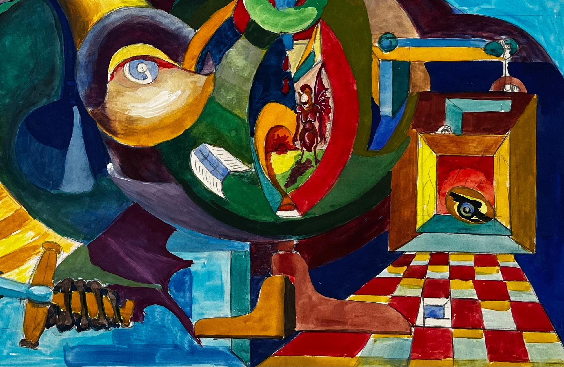 Titolo: Composizione astratta cubista francese surreale con figure di occhi e forme geometriche
Guy Nicod (francese, 1923 - 2021) 
Guazzo su carta d'artista, senza cornice
Dimensioni: 19,25 x 22,75 pollici (altezza x larghezza)
Provenienza: