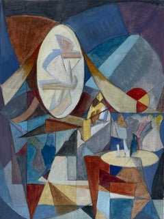 Scena cubista francese astratta di interni con figure, tavoli e forme geometriche