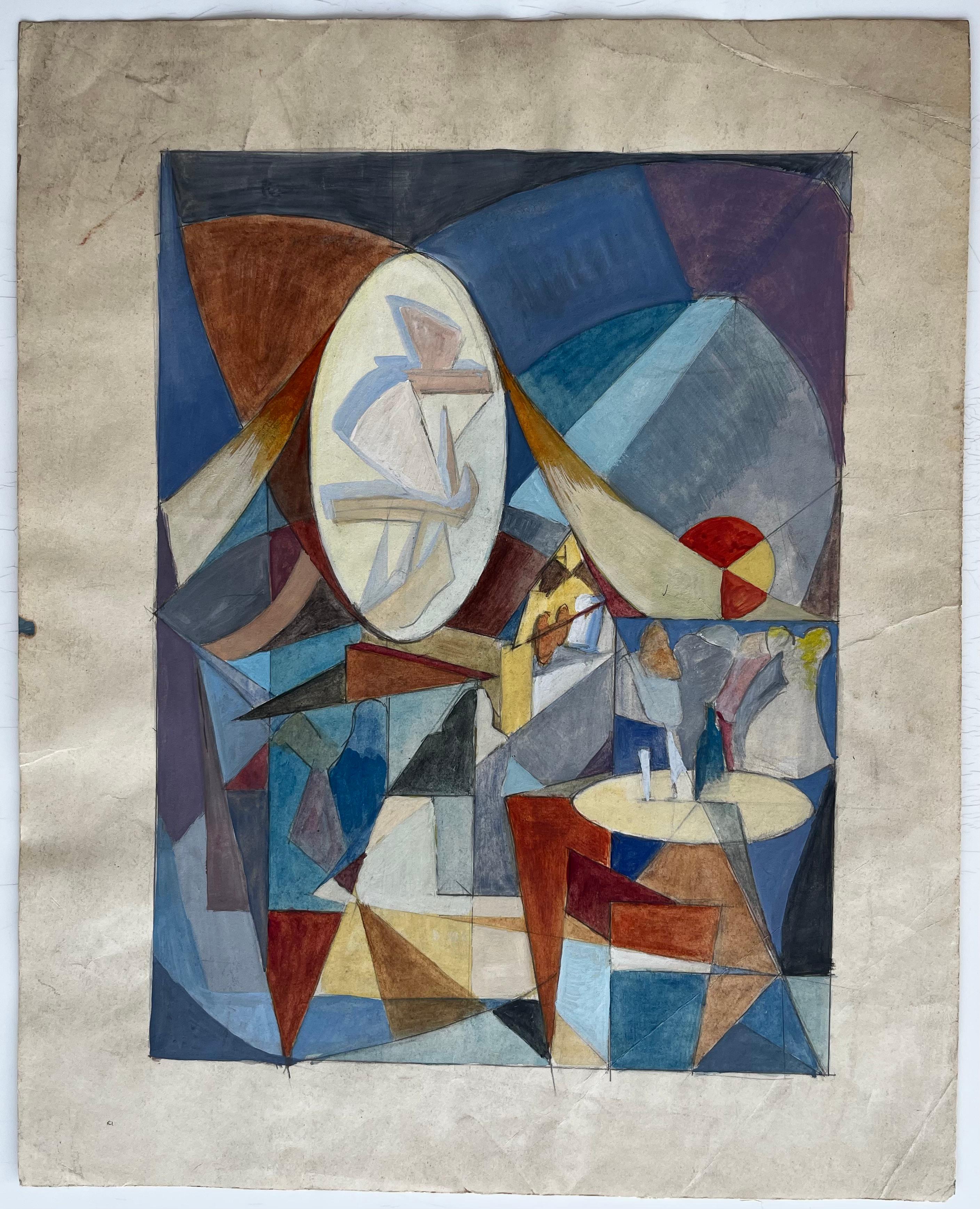 Scena cubista francese astratta di interni con figure, tavoli e forme geometriche - Art di Guy Nicod