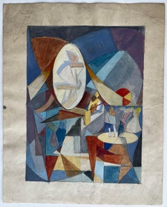 Scena cubista francese astratta di interni con figure, tavoli e forme geometriche
