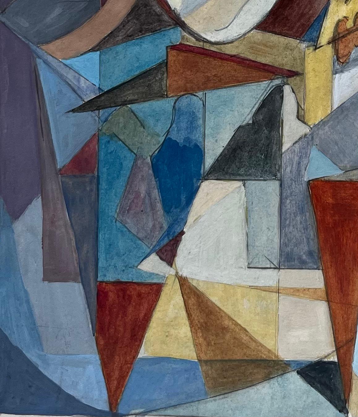 Scena cubista francese astratta di interni con figure, tavoli e forme geometriche - Abstract Drawing Grigio di Guy Nicod