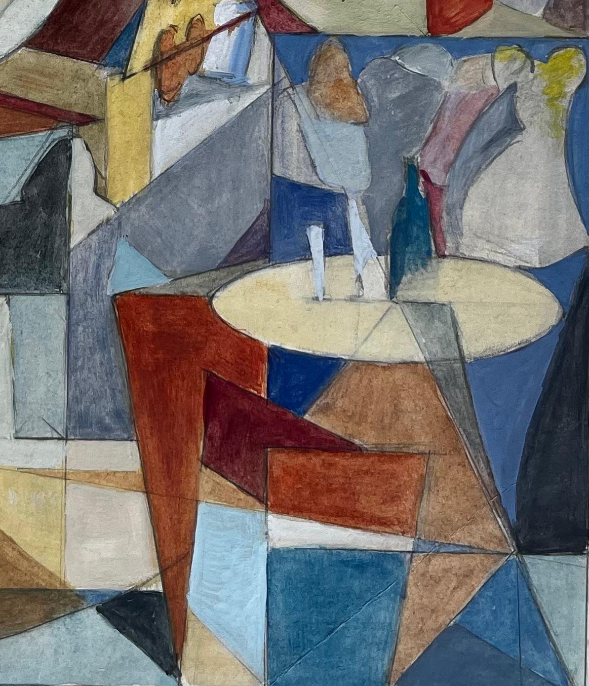 Scena cubista francese astratta di interni con figure, tavoli e forme geometriche - Art Moderno di Guy Nicod