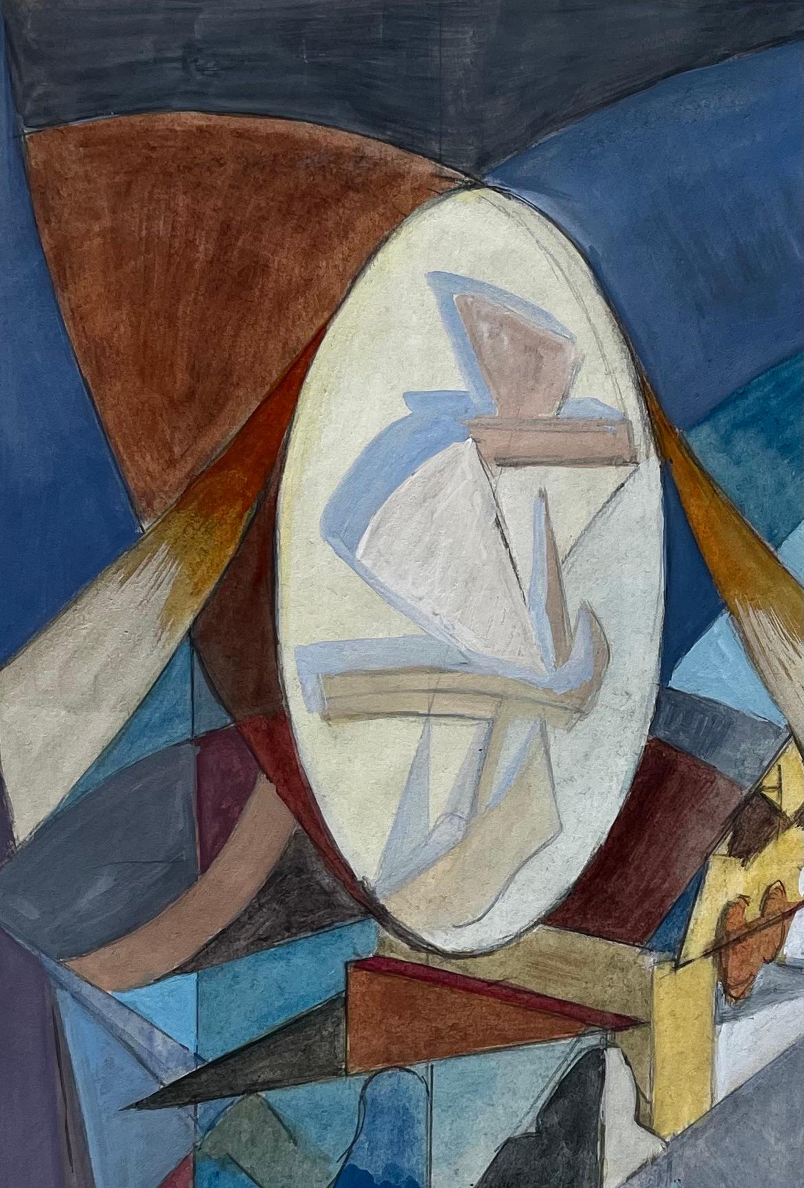 Titolo: Scena d'interni astratta cubista francese con figure, tavoli e forme geometriche
Guy Nicod (francese, 1923 - 2021) 
Guazzo su carta d'artista, senza cornice
Dimensioni: 19,5 x 15,75 pollici (altezza x larghezza)
Provenienza: Proprietà di