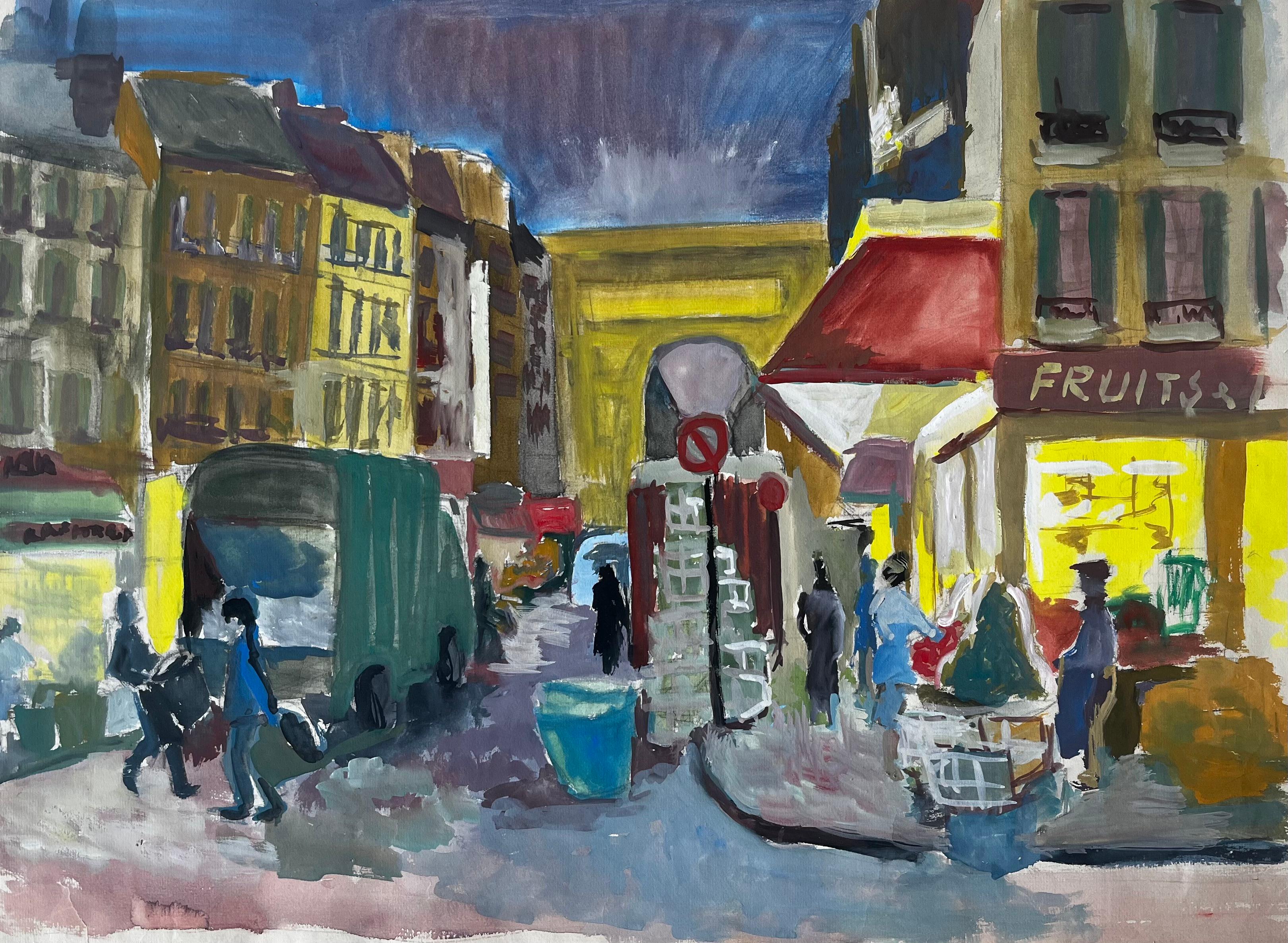 Landscape Art di Guy Nicod - Scena di strada francese a guazzo con bancarelle, negozi, figure e architettura