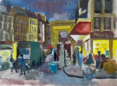 French Gouache Street Scene With Market Stalls Shops Figures And Architecture