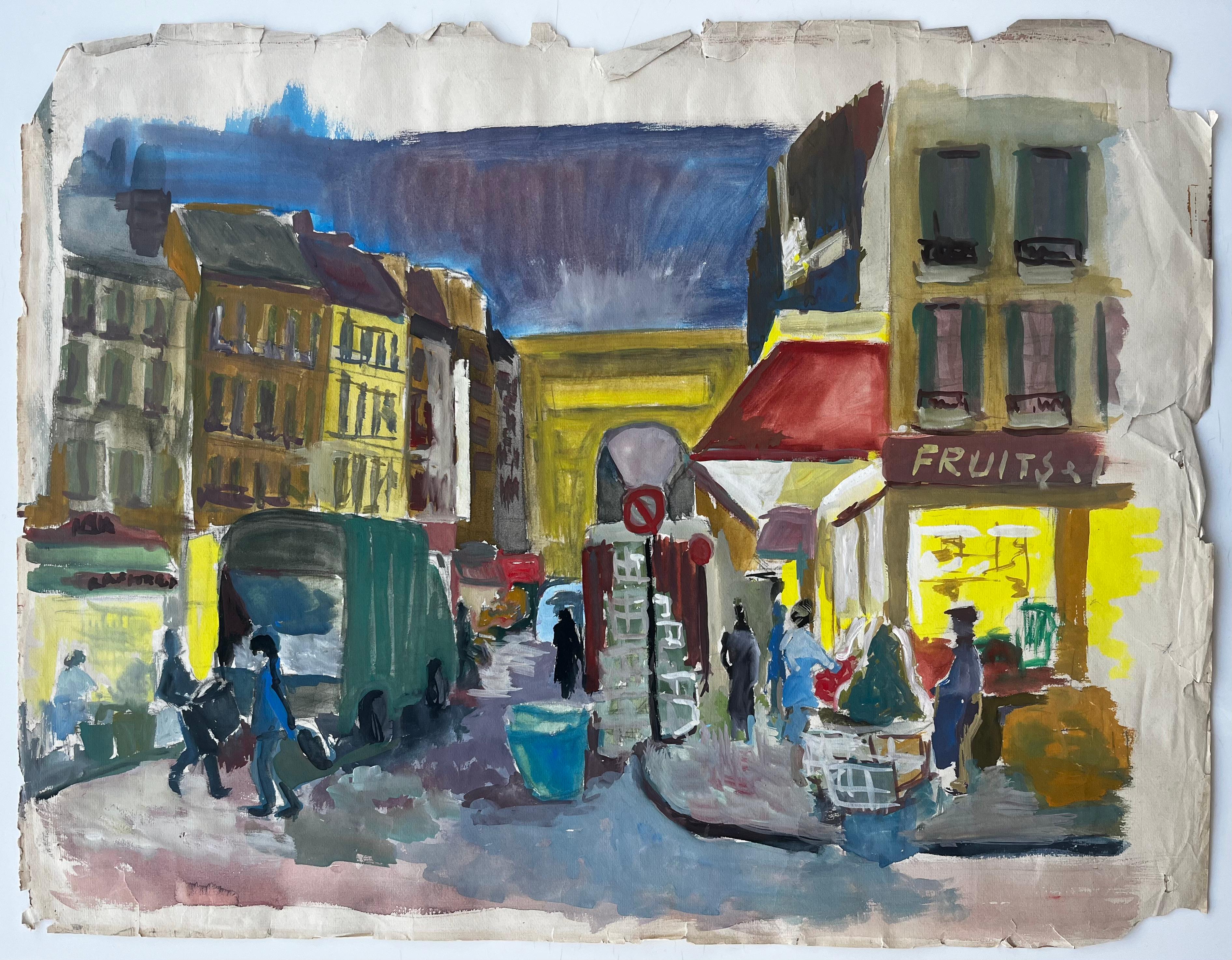 Scena di strada francese a guazzo con bancarelle, negozi, figure e architettura - Art di Guy Nicod
