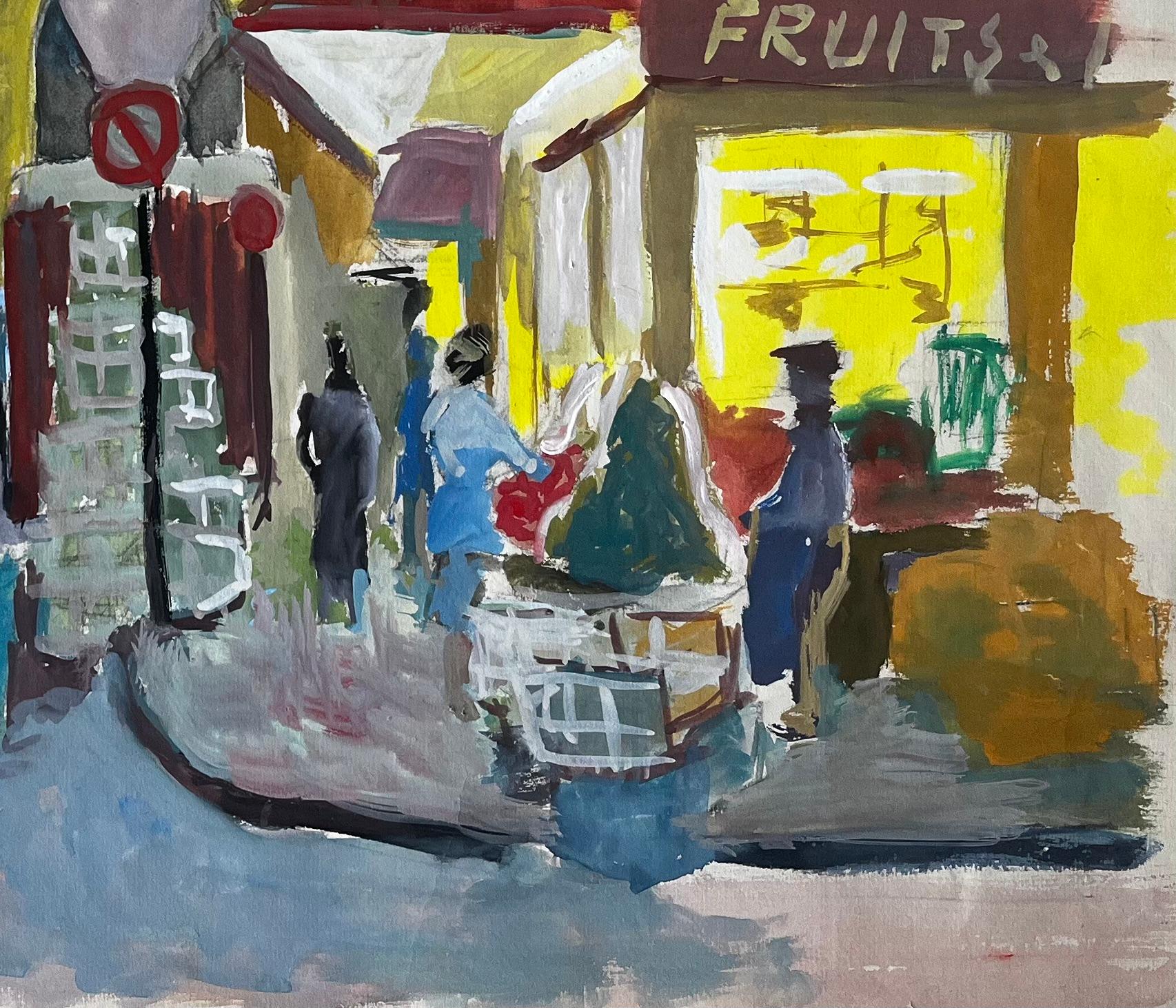 Scena di strada francese a guazzo con bancarelle, negozi, figure e architettura - Landscape Art Grigio di Guy Nicod