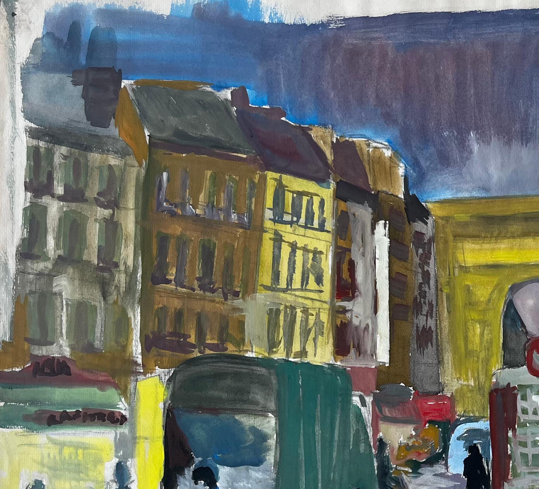 Scena di strada francese a guazzo con bancarelle, negozi, figure e architettura - Art Moderno di Guy Nicod