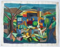Cubist Gouache French Village Landscape With Trees Houses And Church Tower