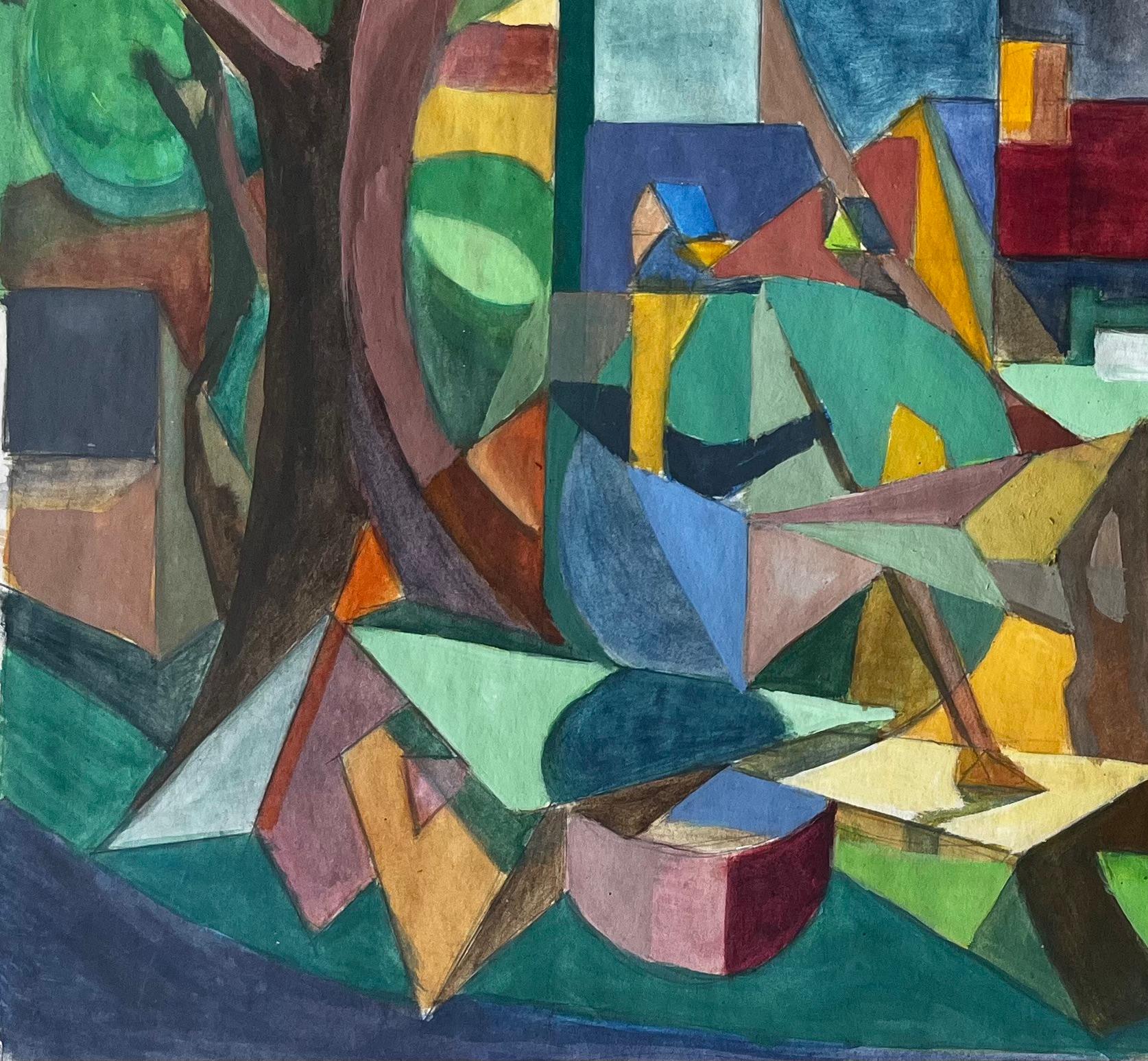 Titolo: Paesaggio cubista a guazzo di un villaggio francese con alberi, case e campanile della chiesa
Guy Nicod (francese, 1923 - 2021) 
Guazzo su carta d'artista, senza cornice
Dimensioni: 19,5 x 25,5 pollici (altezza x larghezza)
Provenienza: