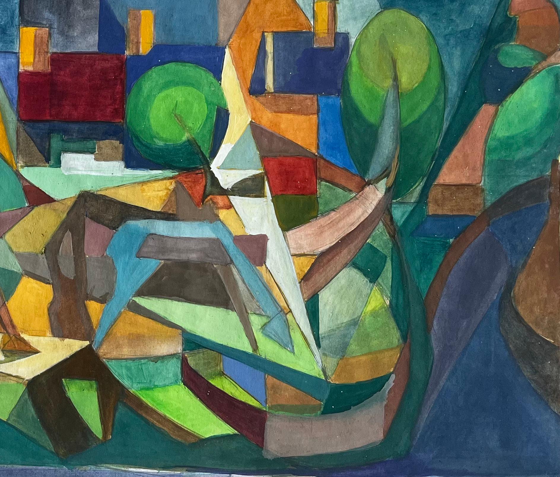 Paesaggio cubista a guazzo di un villaggio francese con alberi, case e campanile della chiesa - Landscape Art Grigio di Guy Nicod