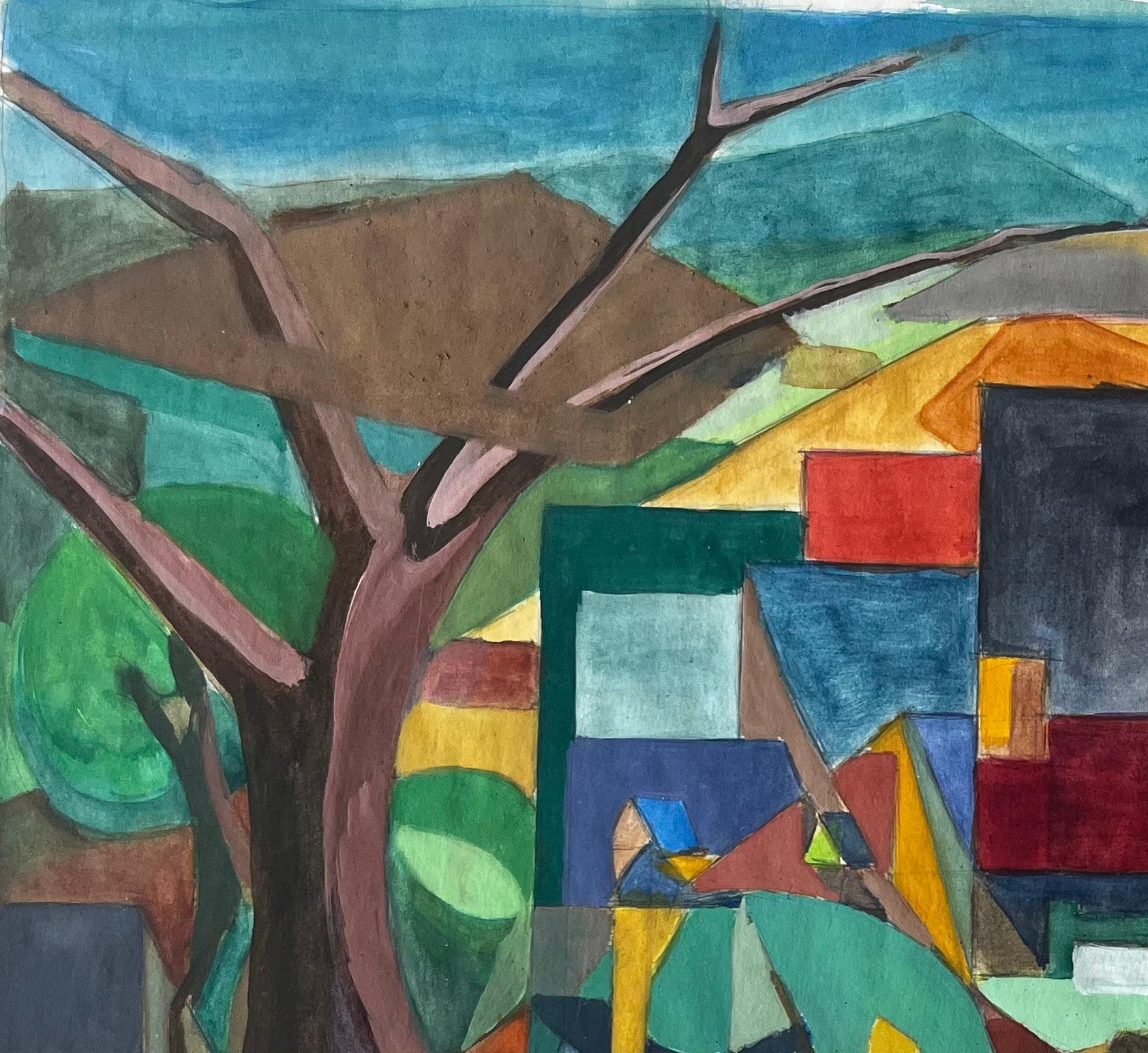 Paesaggio cubista a guazzo di un villaggio francese con alberi, case e campanile della chiesa in vendita 1