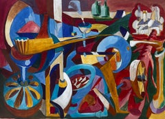 Cubist Gouache Still Life With Bottles Glasses Table And Musical Instruments