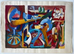 Cubist Gouache Still Life With Bottles Glasses Table And Musical Instruments