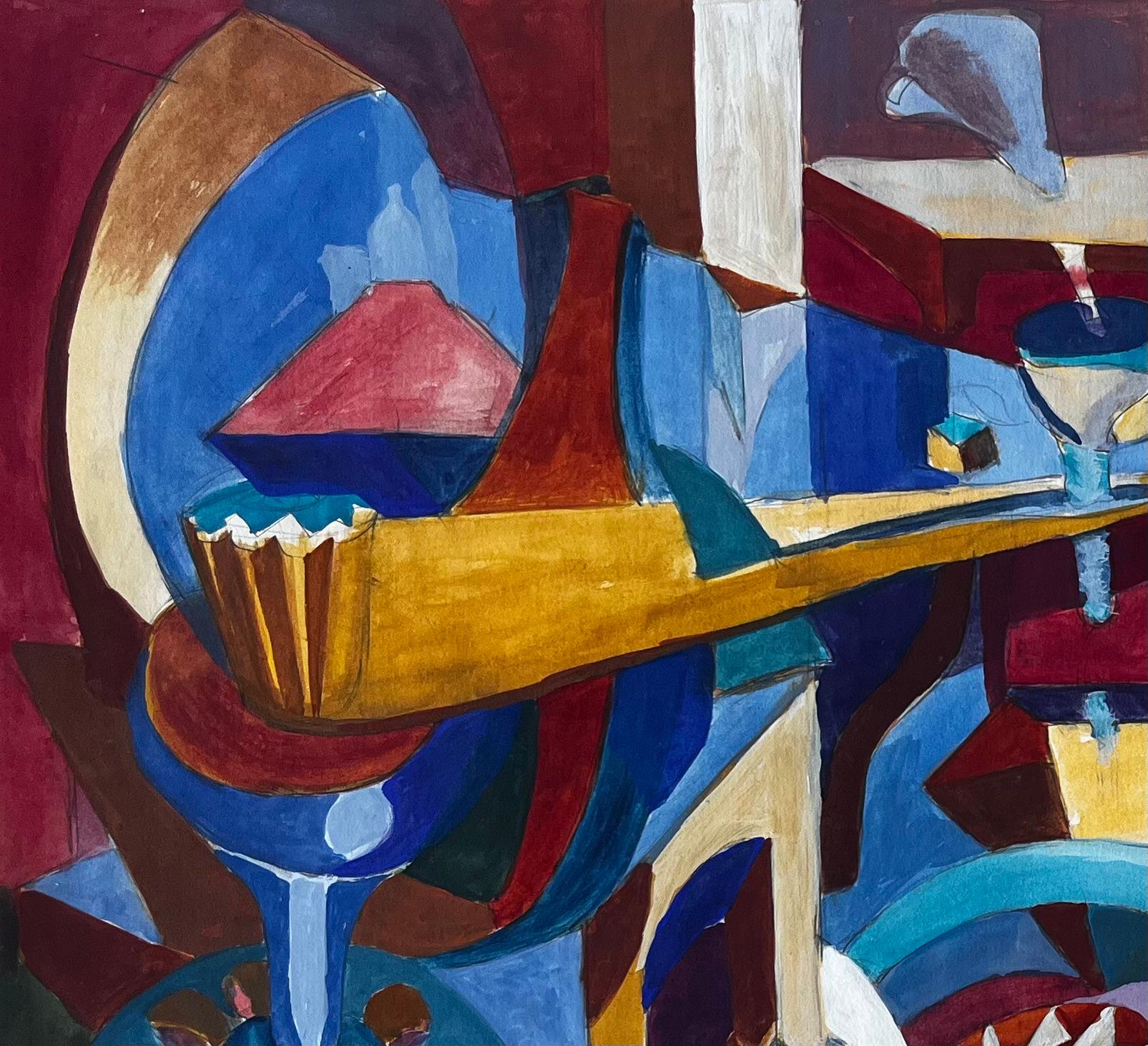 Titre : Nature morte à la gouache cubiste avec bouteilles, verres, table et instruments de musique
Guy Nicod (français 1923 - 2021) 
Gouache sur papier d'artiste, non encadrée
Taille : 19.25 x 26.25 pouces (hauteur x largeur)
Provenance : Succession