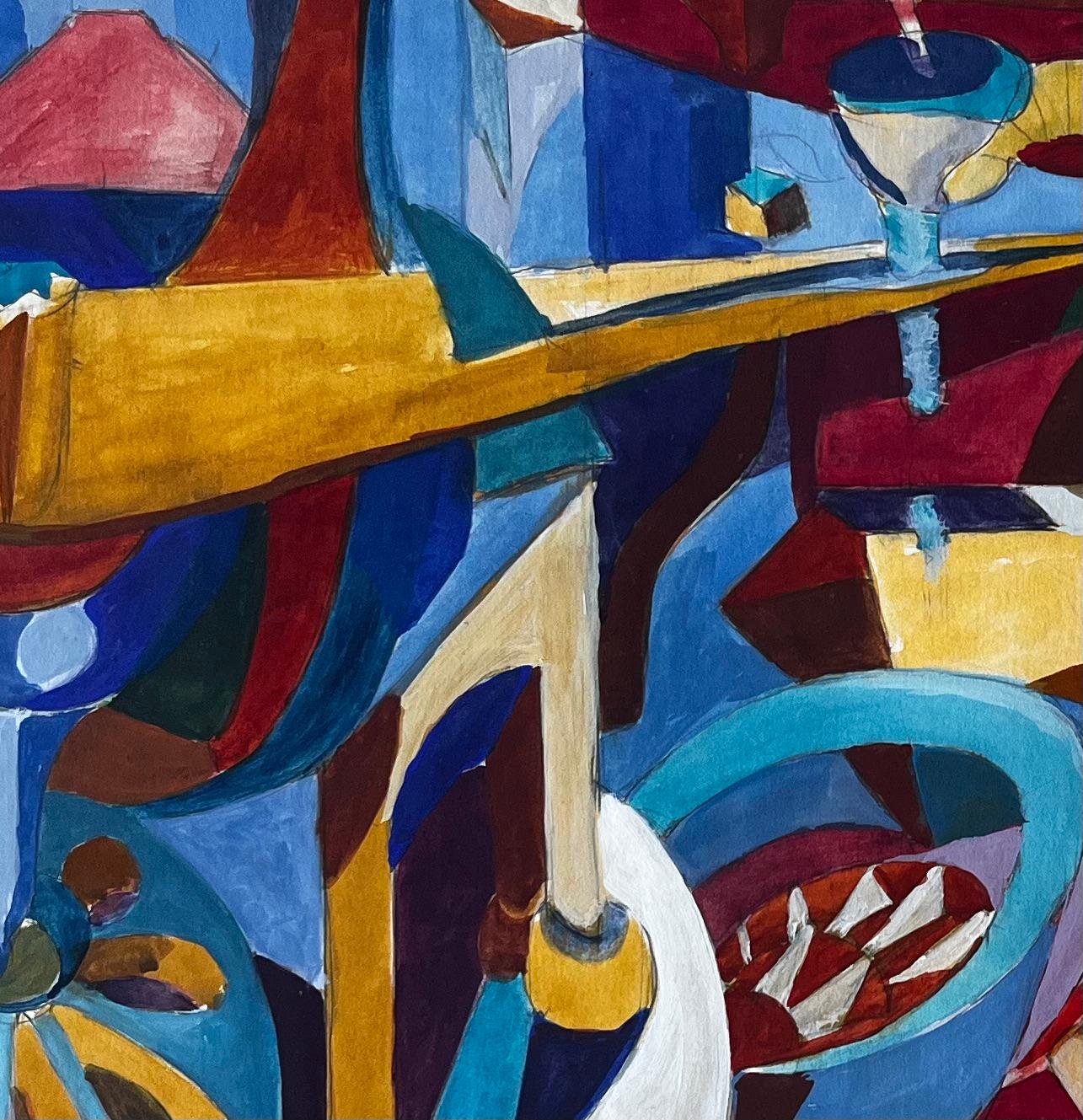 Nature morte à la gouache cubiste avec bouteilles, verres, table et instruments de musique en vente 1