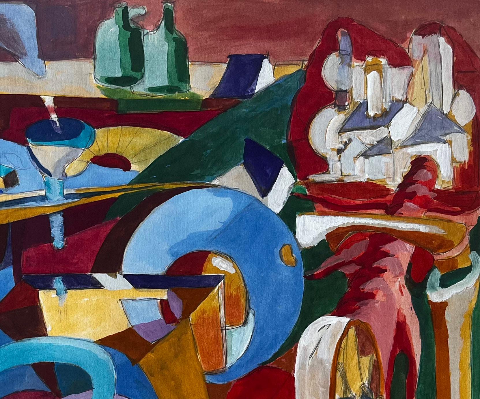 Nature morte à la gouache cubiste avec bouteilles, verres, table et instruments de musique - Moderne Art par Guy Nicod