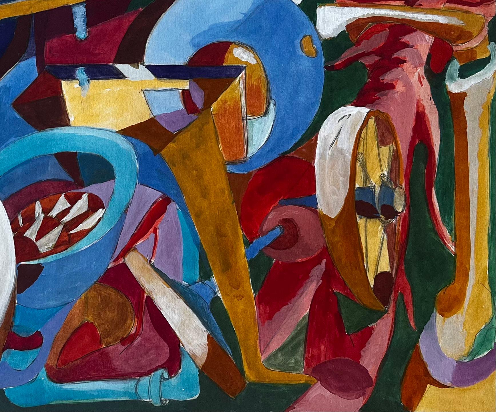 Nature morte à la gouache cubiste avec bouteilles, verres, table et instruments de musique - Noir Landscape Art par Guy Nicod