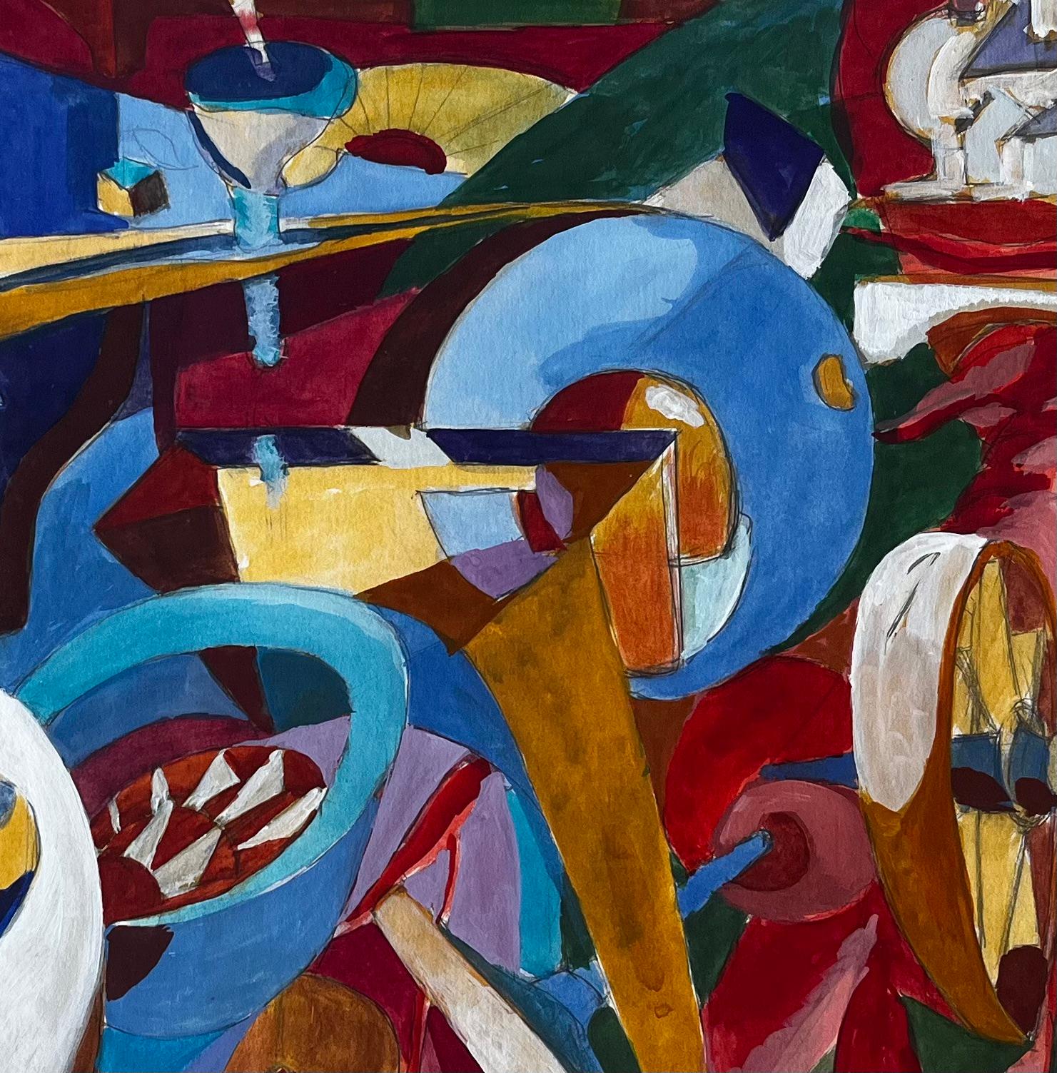 Nature morte à la gouache cubiste avec bouteilles, verres, table et instruments de musique en vente 2