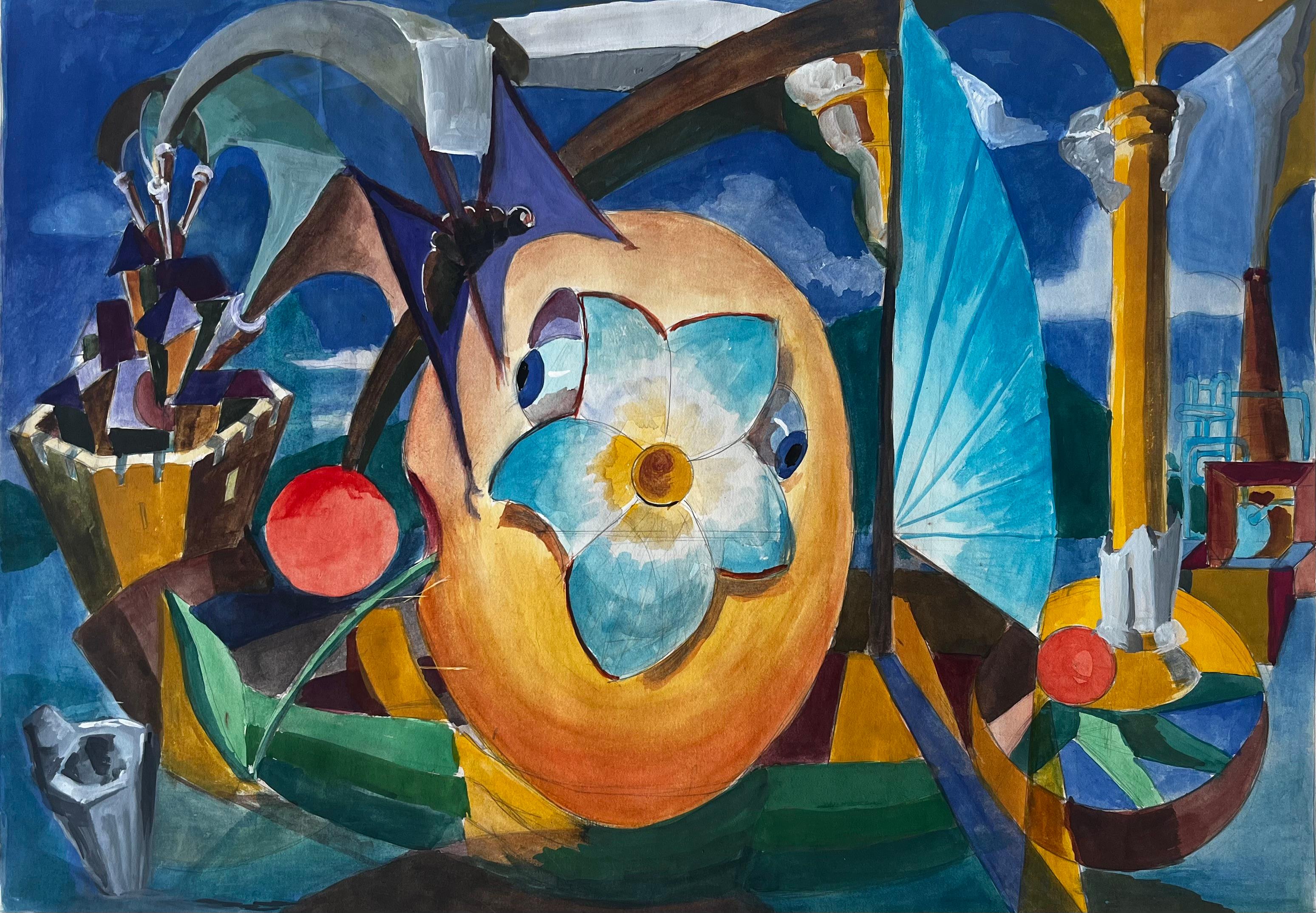 Nature morte cubiste et surréaliste avec panier de fruits et colonnes architecturales