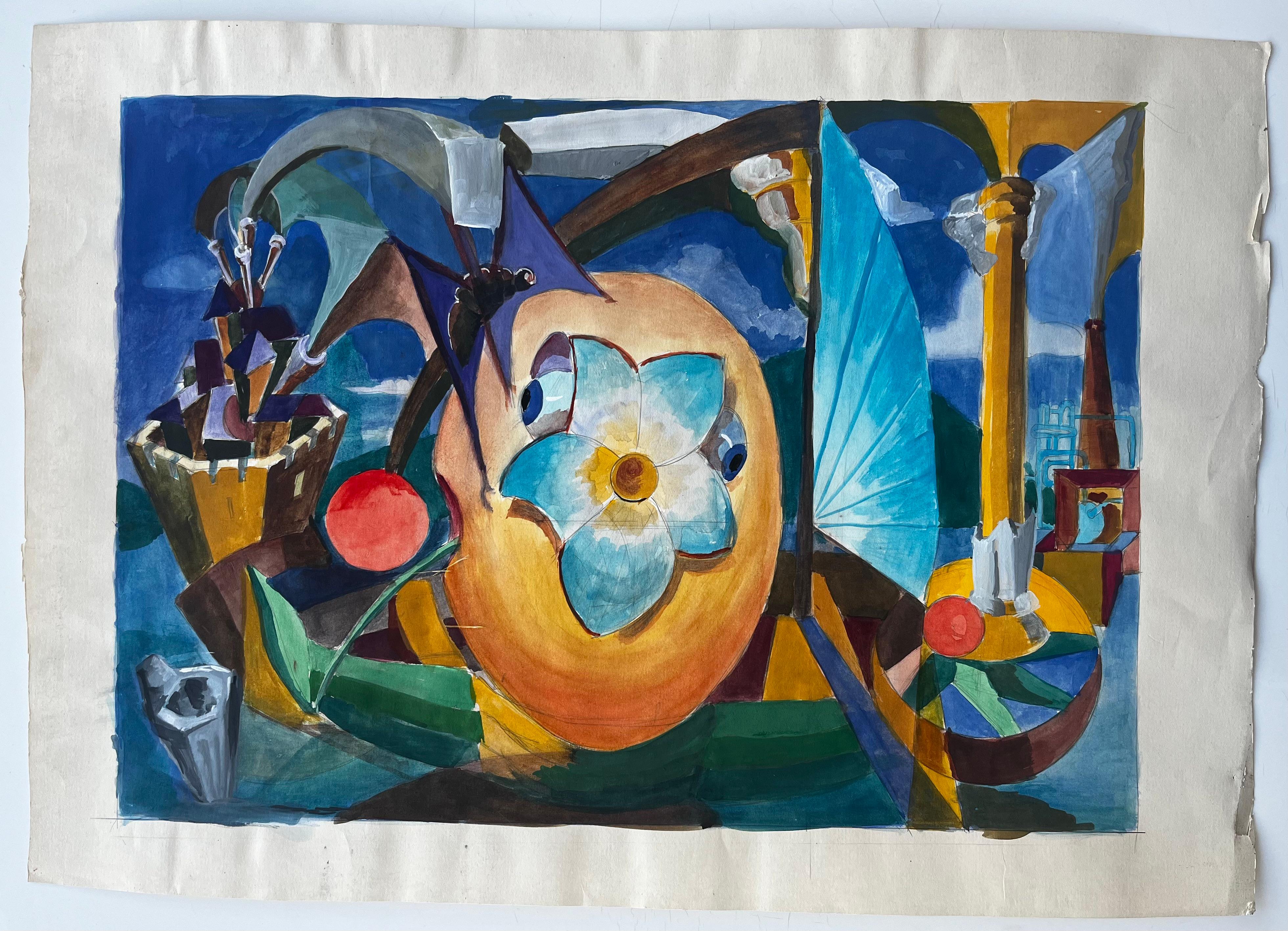 Cubist Surreal Still Life With Flower Fruit Basket And Architectural Columns - Art by Guy Nicod
